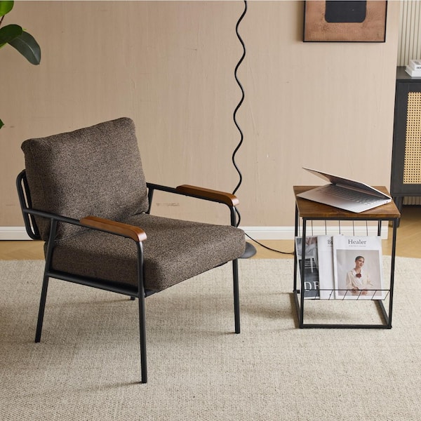 Karl home Brown Linen Arm Chair with Solid Wood Handrail