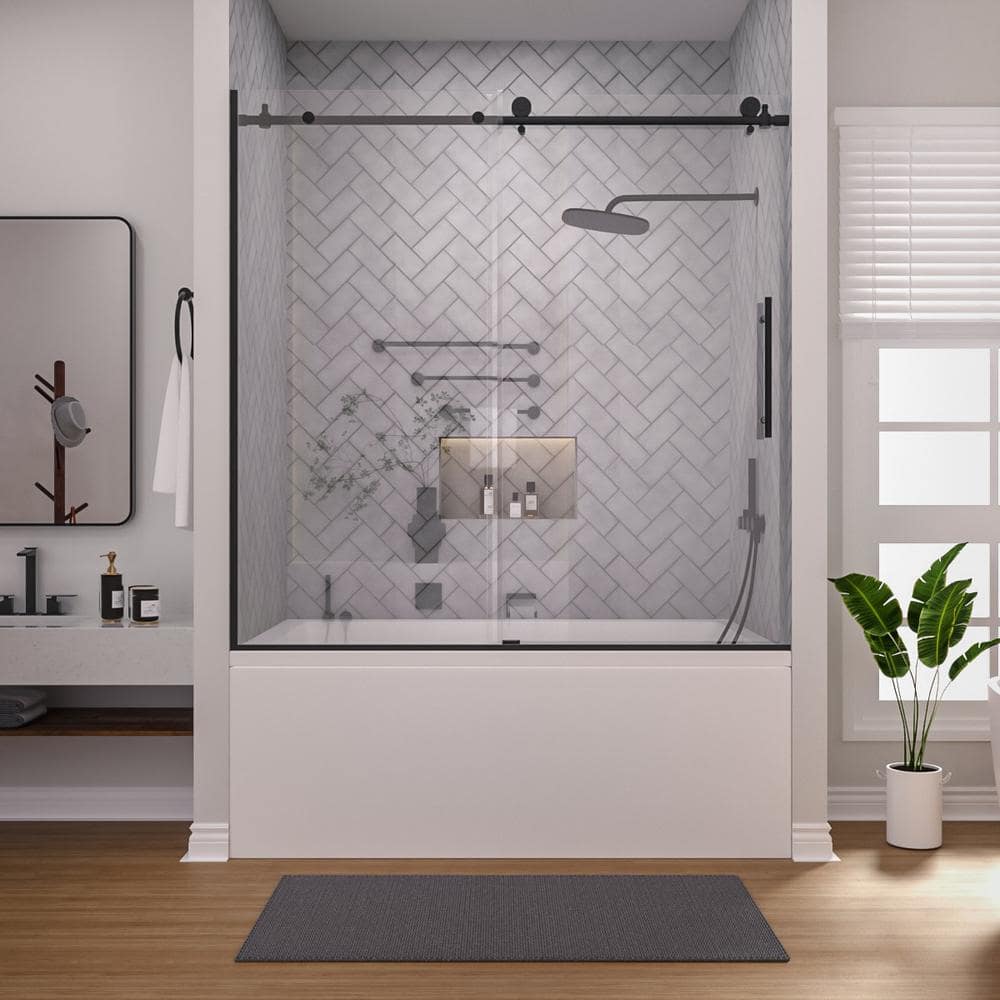60'' Matte Black Semi-Frameless Sliding Tub Door with Clear Glass