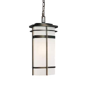 Lakeshore 17 in. 1-Light Old Bronze Outdoor Pendant Light with Frosted Glass and No Bulbs Included