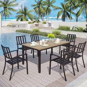 7-Piece Metal Outdoor Dining Set with Brown Rectangular Table-Top and Modern Stackable Chairs