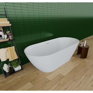 55 in. Acrylic Flatbottom Oval Freestanding Soaking Tub Non-Whirlpool Double-Slipper Bathtub in Gloss White
