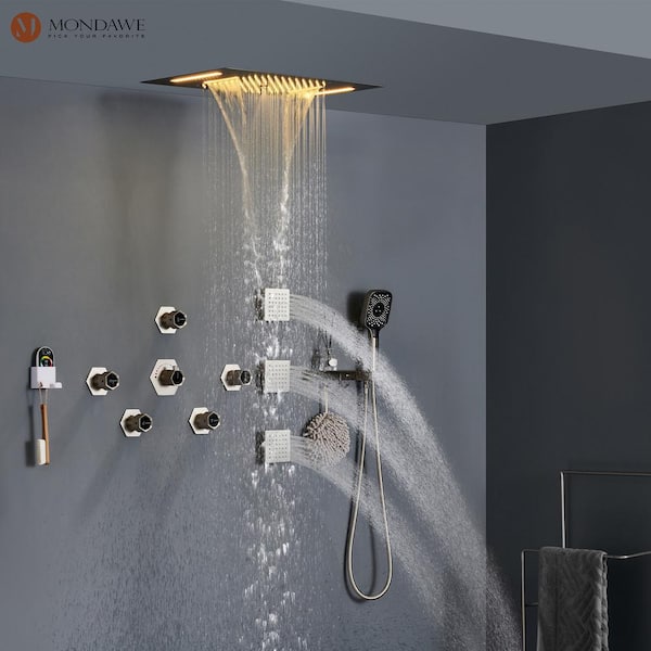 5-Spray 23 in. Thermostatic LED Rainfall Wall Mount Dual Shower Heads and Handheld Shower Head in 2.5 GPM Brushed Nickel