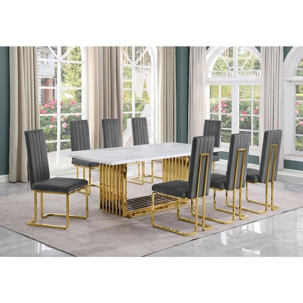 Best Quality Furniture Lisa 9-Piece Rectangle White Marble Top Gold Stainless Steel Dining Set With 8-Dark Grey Velvet Gold Chrome Iron Chairs