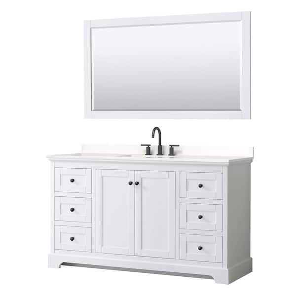 Wyndham Collection Avery 60 in. W x 22 in. D x 35 in. H Single Bath Vanity in White with White Quartz Top and 58 in. Mirror