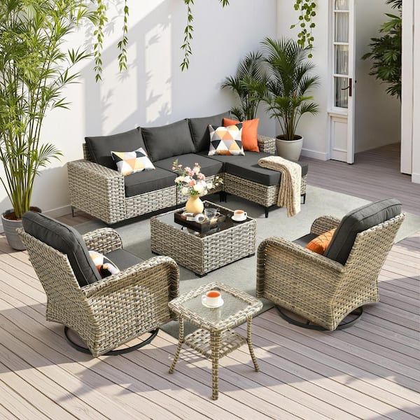 8-Piece Gray Wicker Outdoor Patio Conversation Seating Sofa Set with Black Cushion and Swivels Chair for Backyard