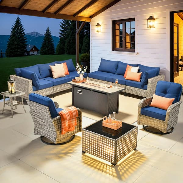 Supery Gray 11-Piece Wicker 54 in. Rectangle Fire Pit Patio Conversation Set with Navy Blue Cushions and Swivel Chairs