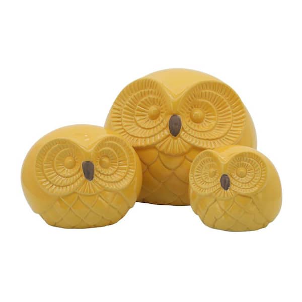Yellow 8 in. X 6 in. Ceramic Owls Figurine (Set of 3)
