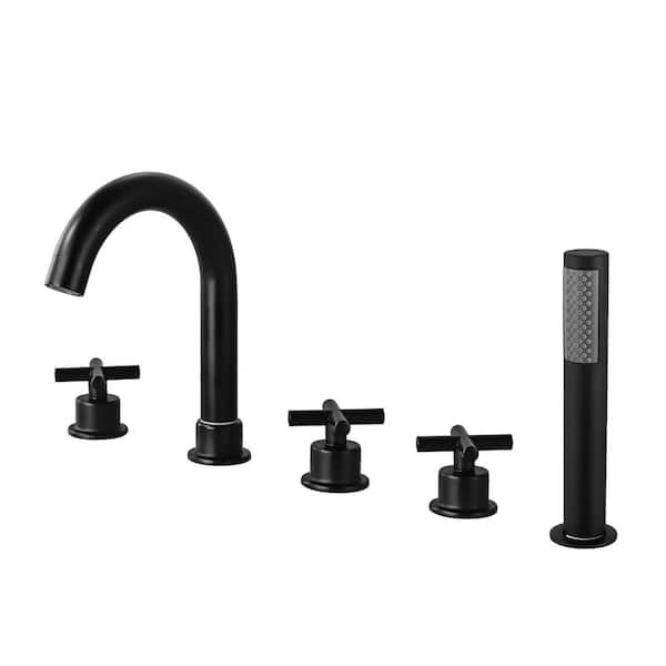3-Handle Tub Deck Mount Roman Tub Faucet with 360° Swivel Spout, Hand Shower in Matte Black
