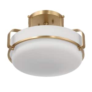 13.5 in. Allegra Brushed Gold Metal Semi-Flush Mount with White Etched Opal Glass Shade