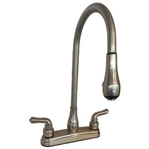 RV Kitchen Faucet with Gooseneck Spout, Pull-Down Sprayer and Teapot Handles - 8 in., Brushed Nickel
