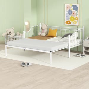 White Metal Daybed with Pull Out Trundle,Twin Size Daybed with Trundle,Twin Size Sofa Bed Frame for Kids,Teens,Adults