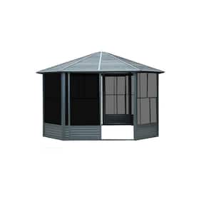 13 ft. x 13 ft. Gray Outdoor Octagonal Solarium, Screen House with Lockable Sliding Door and Moveable PC Screen