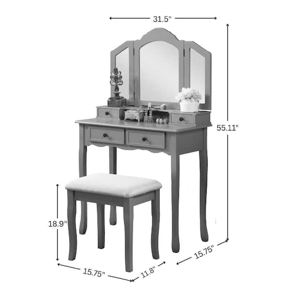 grey and rose gold dressing table UOI 2-Piece Wooden Vanity Set with Tri-Fold Mirror Upholstered Stool durable construction dressing table design 2024