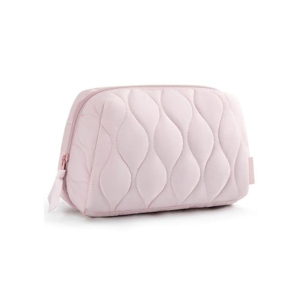 Pink Puffy Padded Travel Cosmetic Toiletry Bag, Wide-open Makeup Organizer Case with PVC-lined Pocket for Women