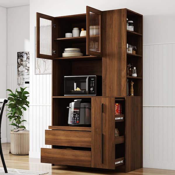 Kahiau 70.87 in. H Walnut Wood Pantry Storage Cabinet with 4-Tier Side Shelf and 2 Glass Doors