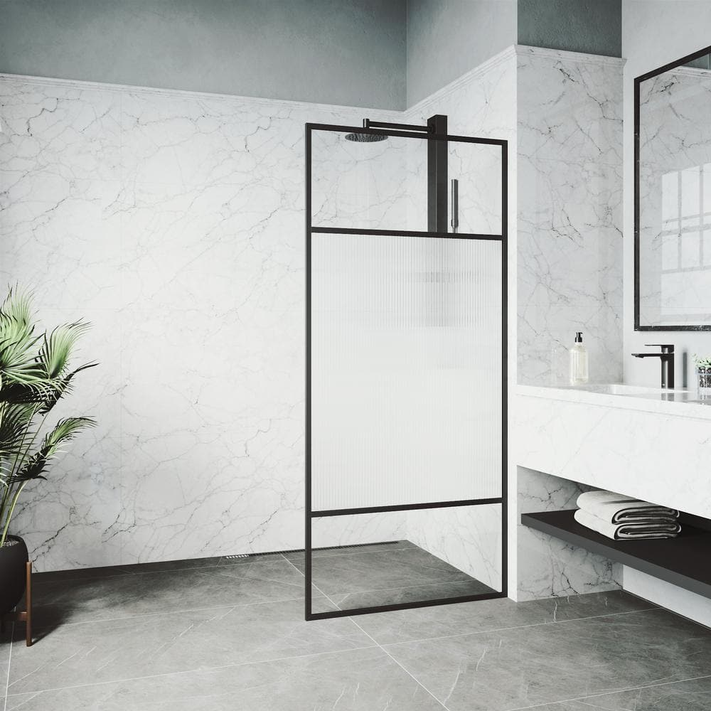 Essex Matte Black 34" x 74" Framed Fluted Glass Shower Screen