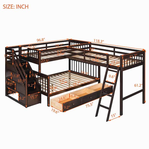 Espresso Twin over Full L-Shaped Bunk Bed with 3 Drawers, Ladder and Staircase