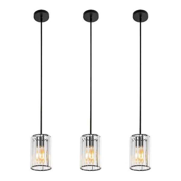 OUKANING 50-Watt 1-Light Black Modern Shaded Pendant Light with Clear Crystal Shade, No Bulbs Included(3-Pieces)