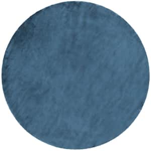 Opal Crest Modern Glam Faux Fur Solid Shag Dark Blue 5 ft. 10 in. Round Area Rug