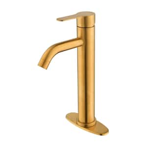 Single Stem Single Handle Mid Arc Deck Mounted Bathroom Faucet with Deckplate Included and Drain Kit Included in Gold