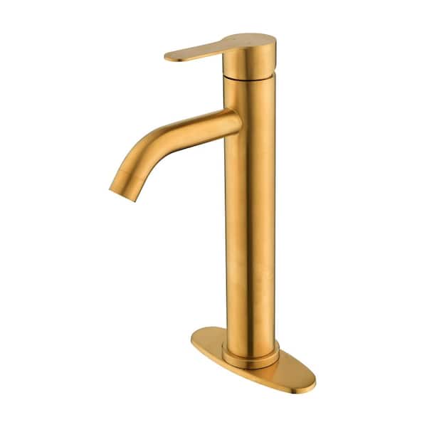 Lukvuzo Single Stem Single Handle Mid Arc Deck Mounted Bathroom Faucet with Deckplate Included and Drain Kit Included in Gold