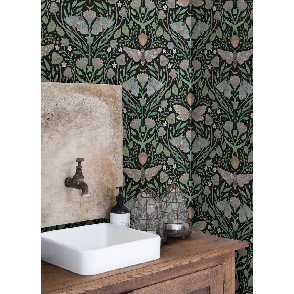 Black Damask Peel and Stick Wallpaper with Forest Design