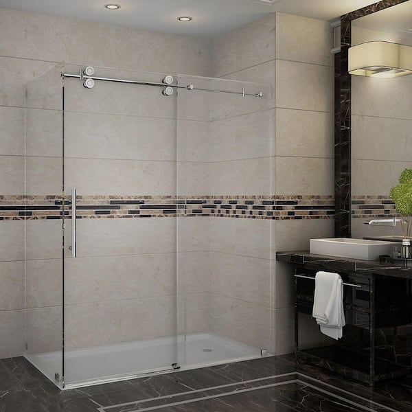 Aston Langham 60 in. x 33.8125 in. x 75 in. Completely Frameless Shower Enclosure in Stainless Steel with Clear Glass