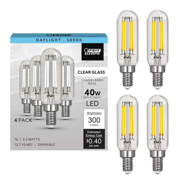 40-Watt Equivalent T6 Dimmable Straight Filament Clear Glass E12 Candelabra Vintage LED Light Bulb, Daylight (4-Pack)