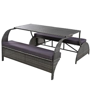 Dark Gray Wicker Outdoor Loveseat with Gray Cushions, Can Convertible to 4 Seats and a Table