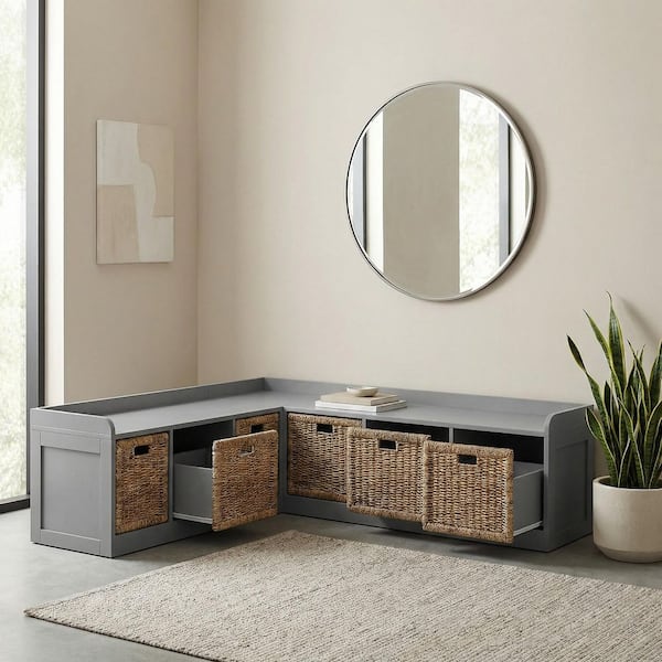 17.7 in. H x 63 in. W Gray Wood Shoe Storage Bench with 6 Woven Baskets, L-Shaped Corner Design, Backless Design