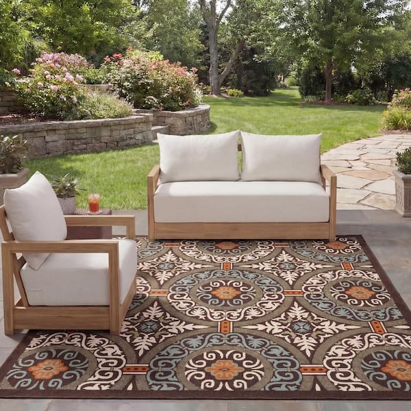 Veranda Chocolate/Aqua 8 ft. x 11 ft. Floral Indoor/Outdoor Patio Area Rug