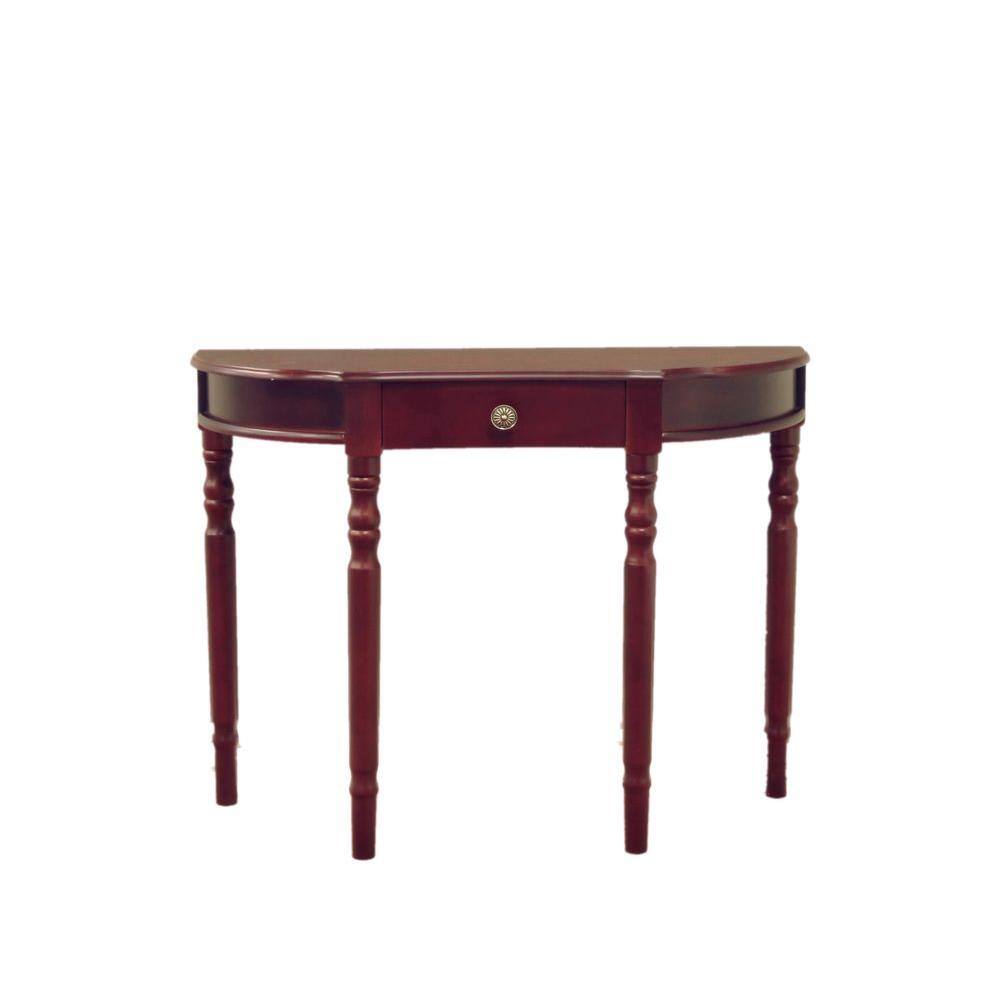 Dark Cherry Wood Half-Moon Console Table with Storage Drawer