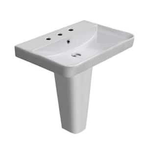 Noura Ceramic Rectangular Wallmounted or Vessel Pedestal Sink in White