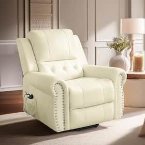 Cream Studded Air Leather Power Lift Reclining Chair with Massage, Recliner Chair with Remote and Footrest