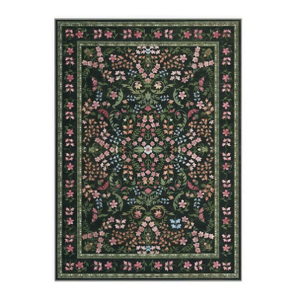 Dark Green 8 ft. x 10 ft. Machine Washable Floral Low-Pile Non-Slip Area Rug