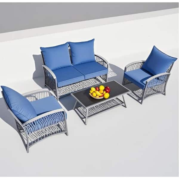 Unbranded 4-Piece Metal Patio Conversation Set with Blue Cushions and Coffee Table