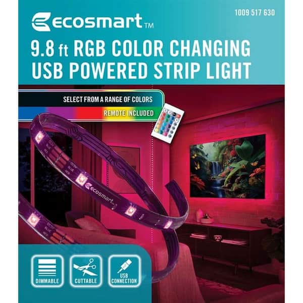 EcoSmart 9.8 ft. RGB Color Changing Dimmable USB Powered LED Black Strip  Light with Remote Control LR431U-7.2X7IR3 - The Home Depot