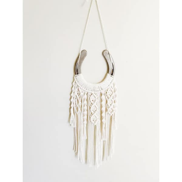 10 in. x 4 in. White Handmade Equestrian Macrame Wall Hanging-Horse Lover Decor-2PCS (Cotton)
