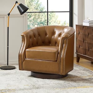 Montgomery Camel Traditional Chesterfield Genuine Leather Barrel Chair with Button-Tufted Design (Set of 2)