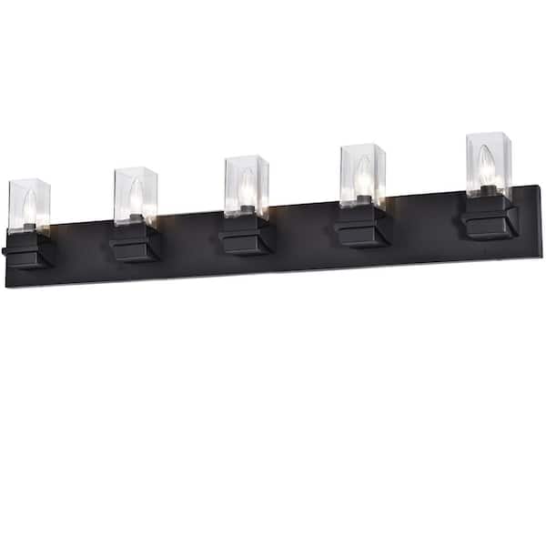 Dainolite Veronica 40 in. 5 Light Matte Black Vanity Light with Clear Glass Shade