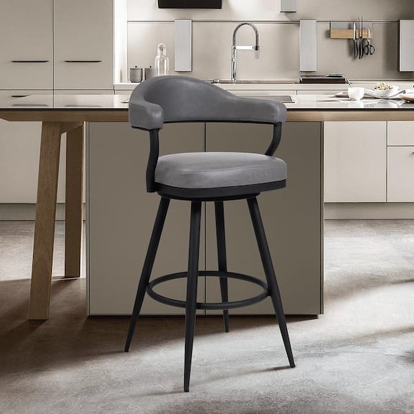 Armen Living Amador 26 in. Counter Height Bar Stool in a Black Powder Coated Finish and Vintage Grey Faux Leather
