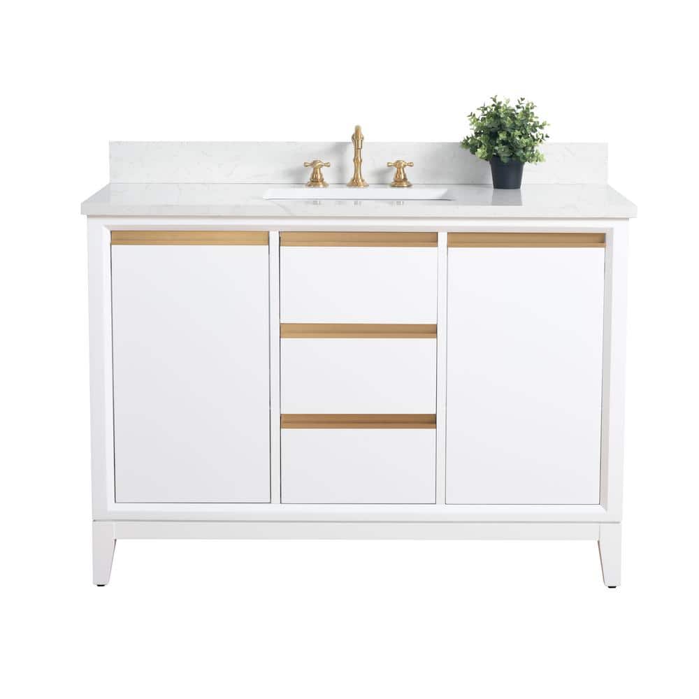 48" White MDF Freestanding Bathroom Vanity with Gold Accents