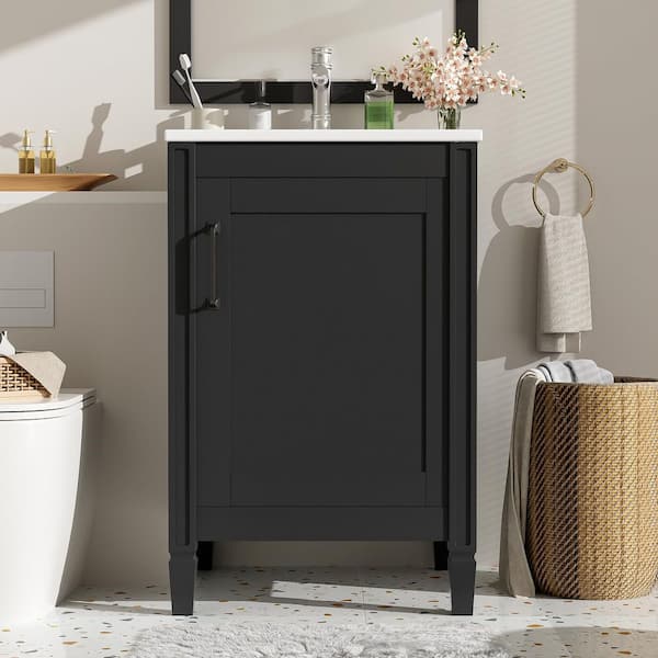 20 in. W Modern Freestanding Single Sink Black Bath Vanity with Black Ceramic Top Door Storage Rack (Unassembled)