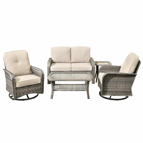 Denali Gray 5-Piece 4-Seat Wicker Modern Outdoor Patio Conversation Sofa Swivel Chair Set with Beige Cushions
