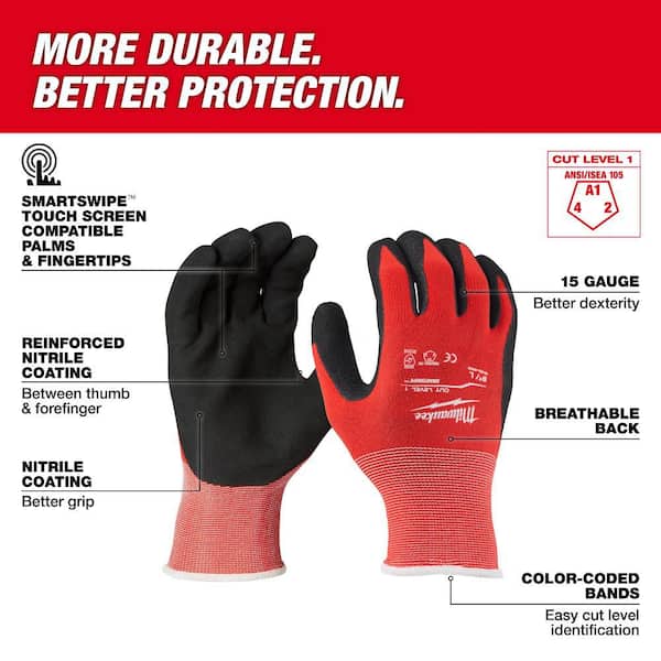 Medium Red Nitrile Level 1 Cut Resistant Dipped Work Gloves