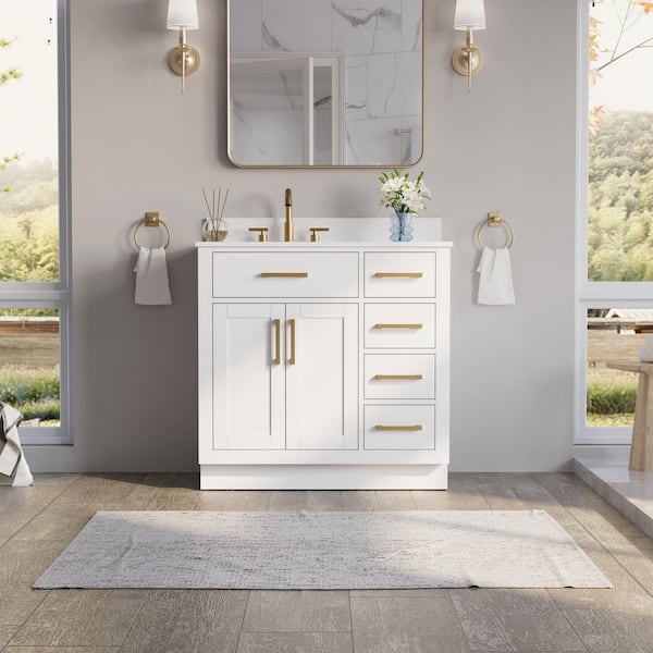36 in. Single Sink Freestanding Solid Wood Bath Vanity in White with White Quartz Top, Soft-Close, Full Assembled