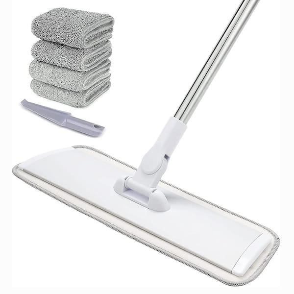 18" Flat Mop with Stainless Steel Handle,4 Reusable Washable Mop Pads,White&grey