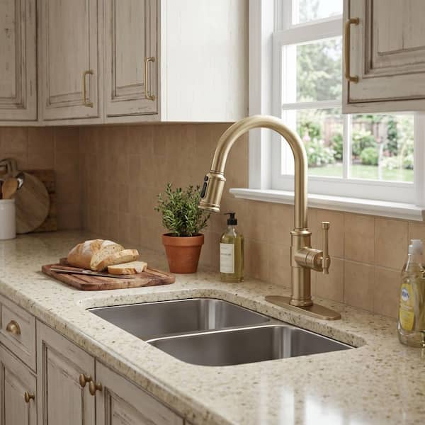 Brushed Gold 16.2 in. Single Handle Pull Down Sprayer Kitchen Faucet with 360° Spout Swivel in Stainless Steel