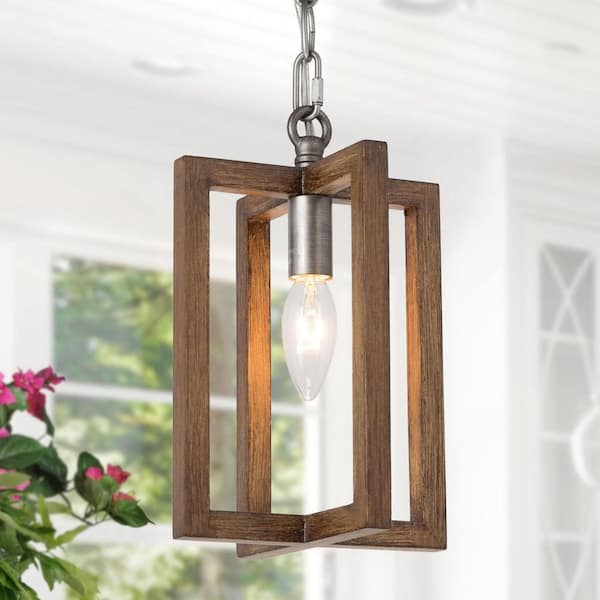 Modern Farmhouse 1-Light Brown and Brushed Silver Island Pendant with Faux Wood Metal Cage Hanging Lantern for Foyer