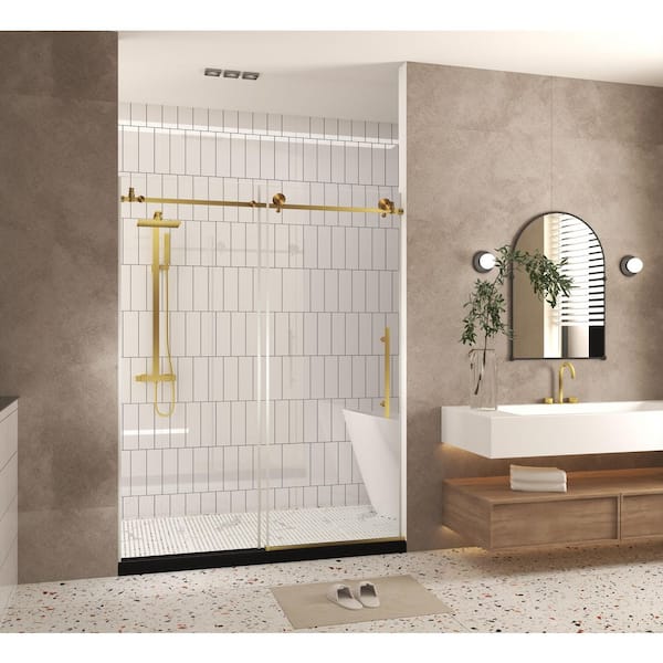 Talrix 60 in. W x 76 in. H Sliding Frameless Shower Door in Brushed Gold with Clear Tempered Glass